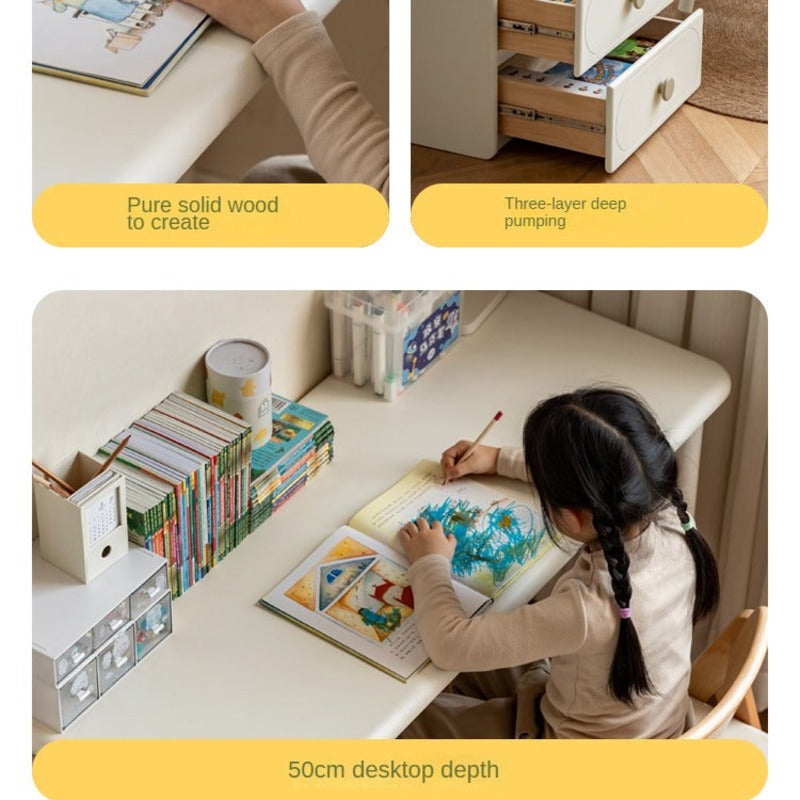 Poplar Solid Wood Cream Style Retractable Children's Double Desk