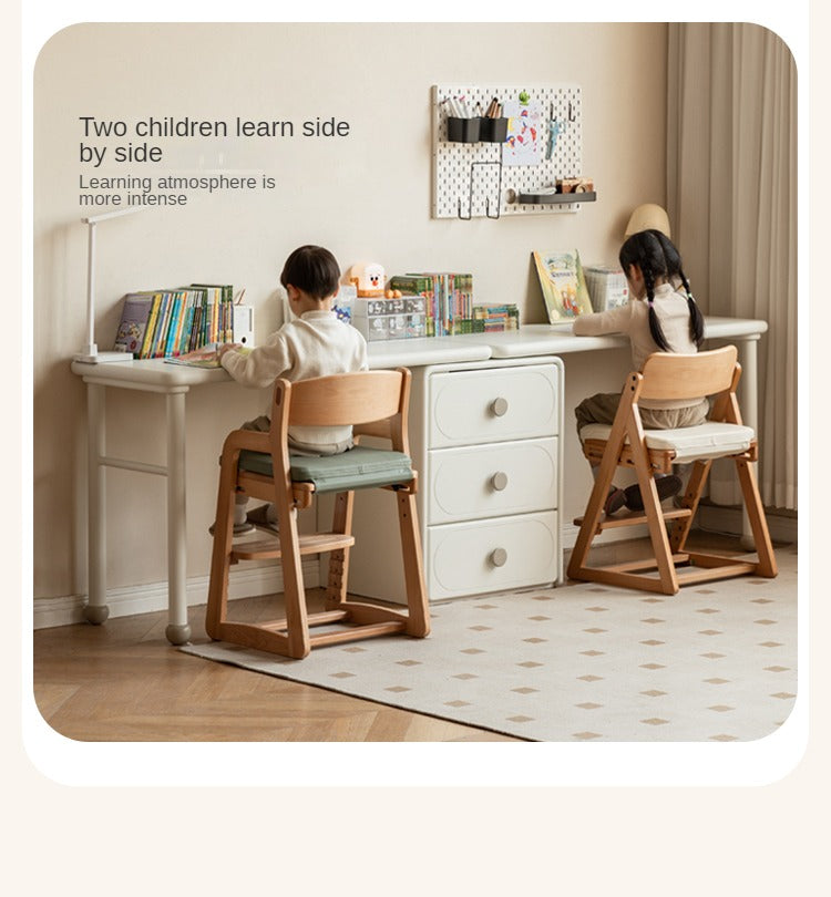 Poplar Solid Wood Cream Style Retractable Children's Double Desk