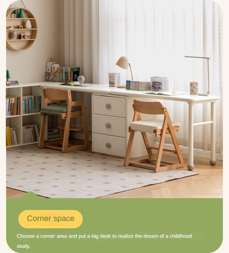 Poplar Solid Wood Cream Style Retractable Children's Double Desk