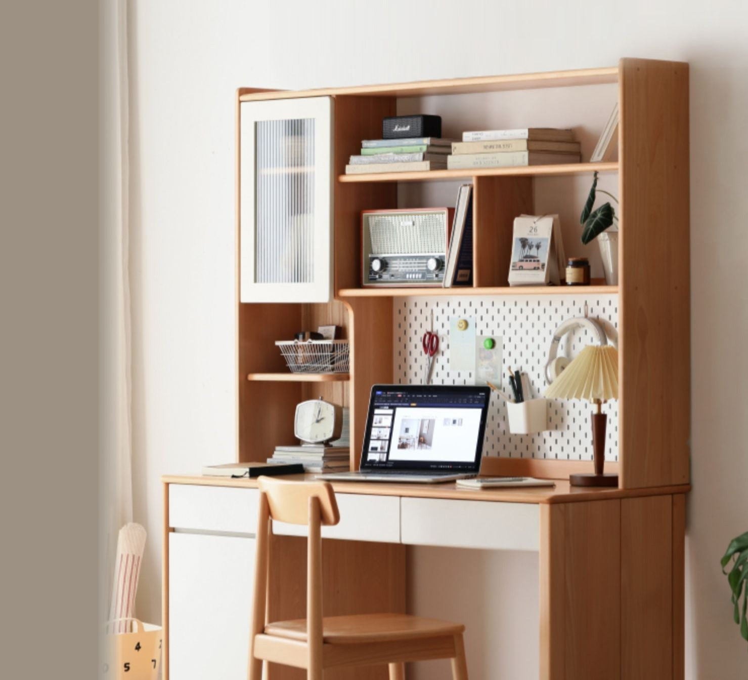Beech Solid Wood Desk Bookshelf Combination