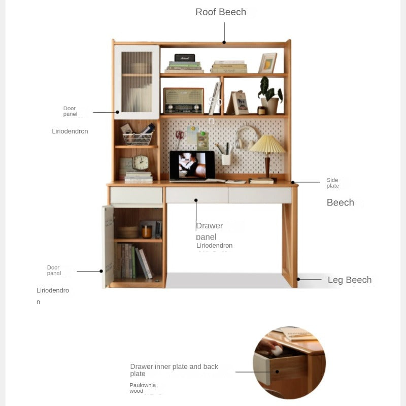Beech Solid Wood Desk Bookshelf Combination