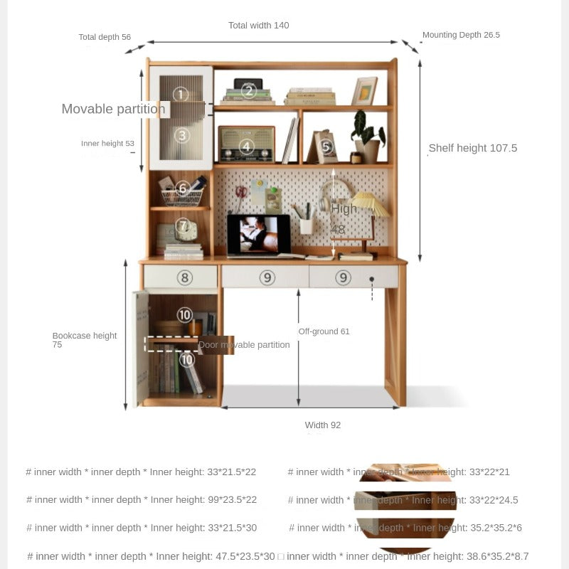 Beech Solid Wood Desk Bookshelf Combination