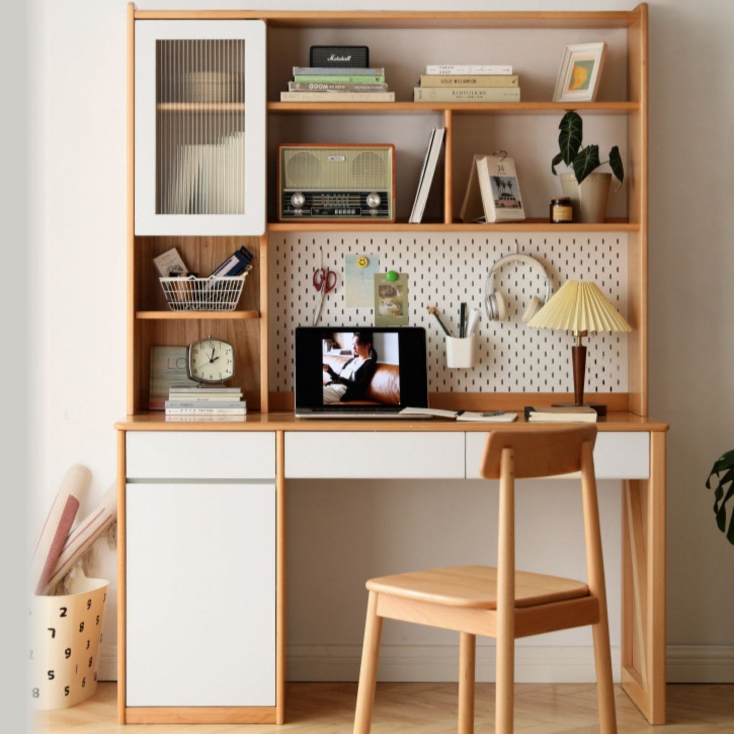 Beech Solid Wood Desk Bookshelf Combination