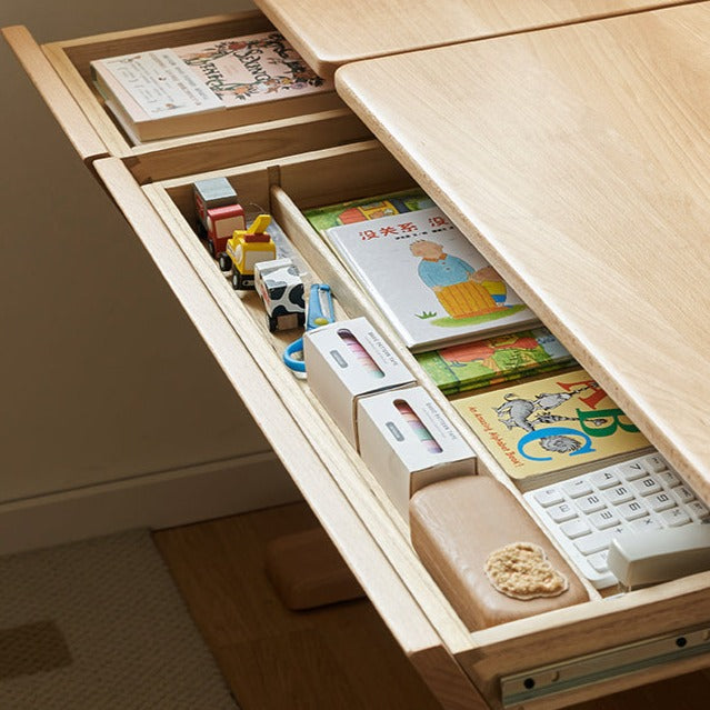 Beech Solid Wood Lifting Kids Table With Self/Chair/High Shelf