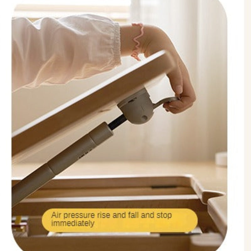 Beech Solid Wood Lifting Kids Table With Self/Chair/High Shelf