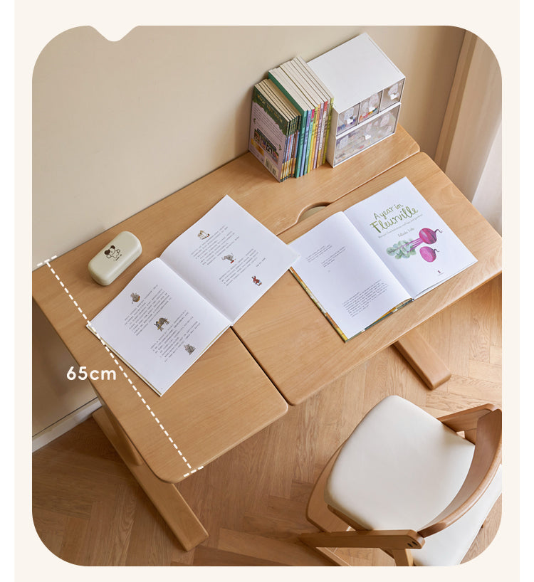 Beech Solid Wood Lifting Kids Table With Self/Chair/High Shelf