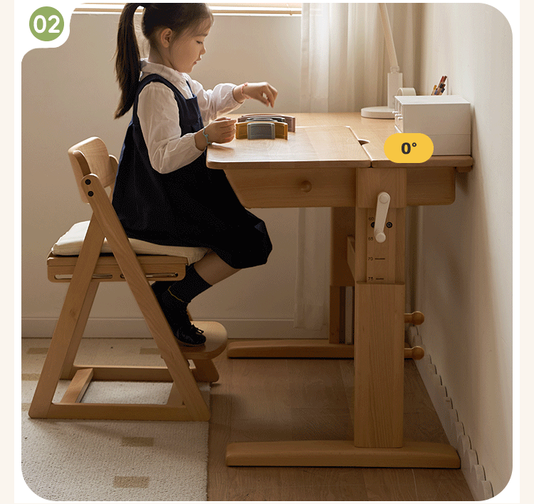 Beech Solid Wood Lifting Kids Table With Self/Chair/High Shelf