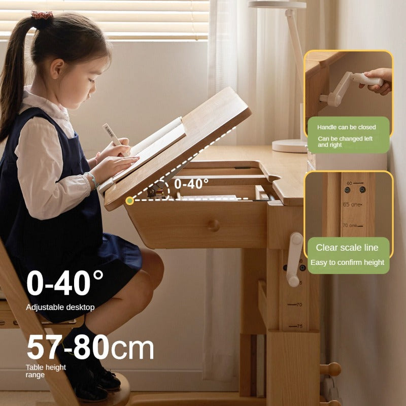 Beech Solid Wood Lifting Kids Table With Self/Chair/High Shelf