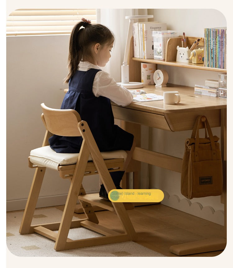 Beech Solid Wood Lifting Kids Table With Self/Chair/High Shelf