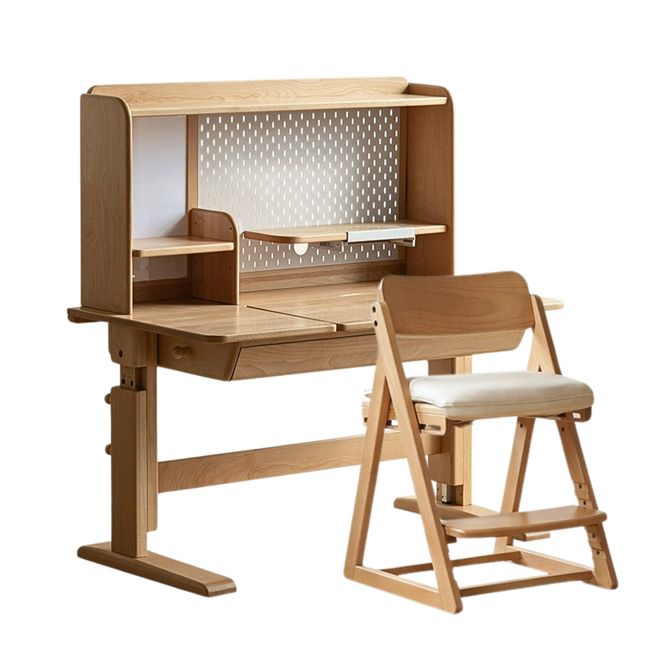 ブナ材使用の高さ調整可能な子供用テーブル(棚付き/椅子/高い棚)