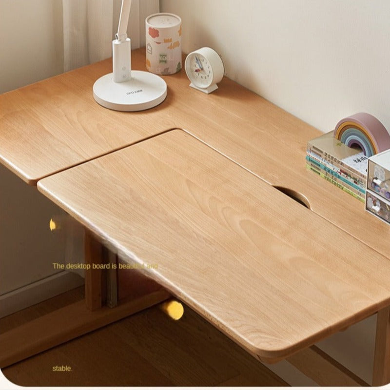 Beech Solid Wood Lifting Kids Table With Self/Chair/High Shelf