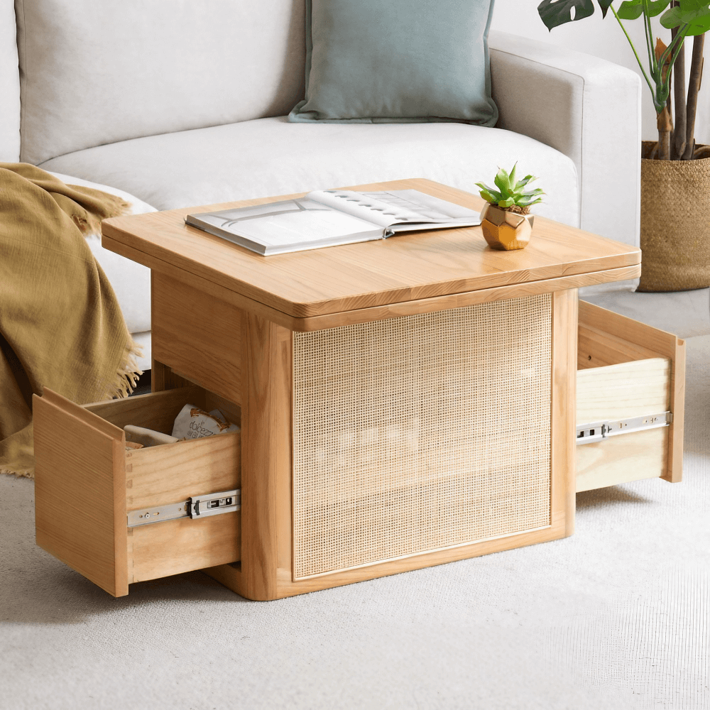 50" Solid Wood Multifunctional Lift Top Coffee Table Rectangle with Rattan Base
