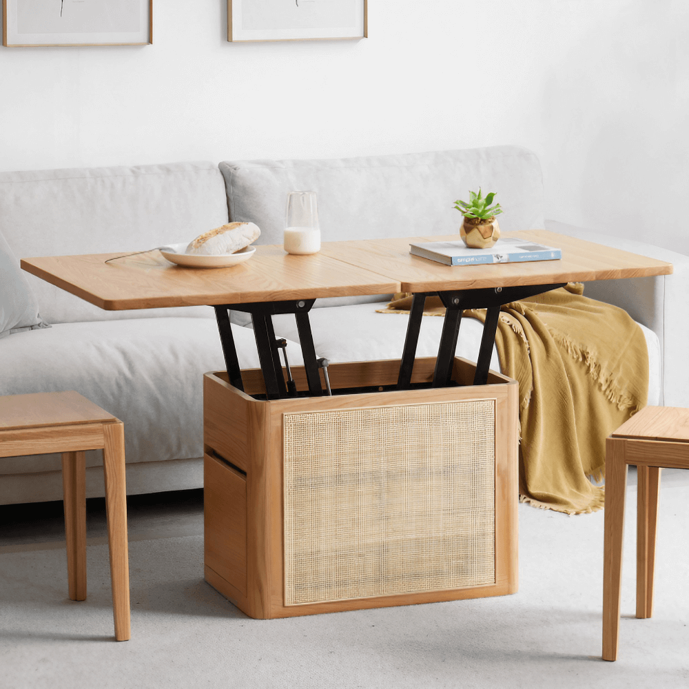 50" Solid Wood Multifunctional Lift Top Coffee Table Rectangle with Rattan Base