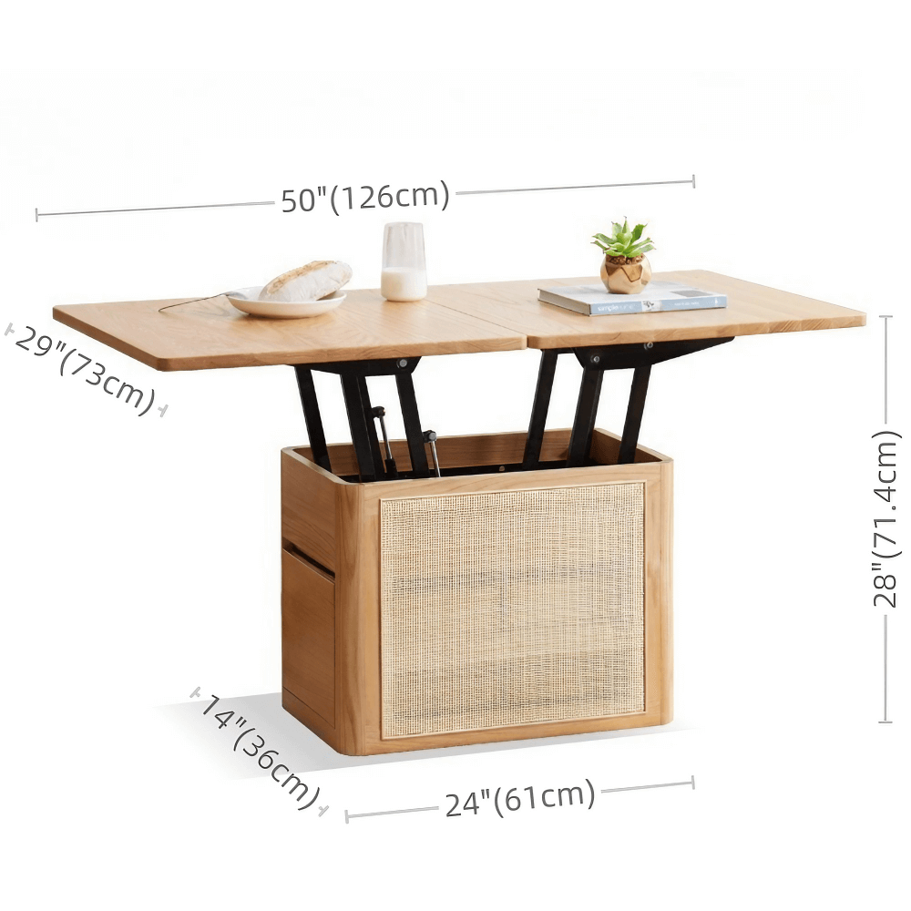 50" Solid Wood Multifunctional Lift Top Coffee Table Rectangle with Rattan Base