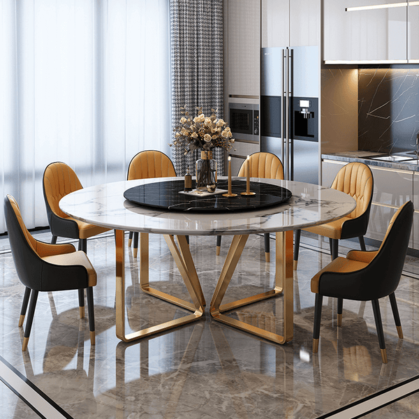 White Modern Round Marble Dining Table 59 Gold Stainless Steel