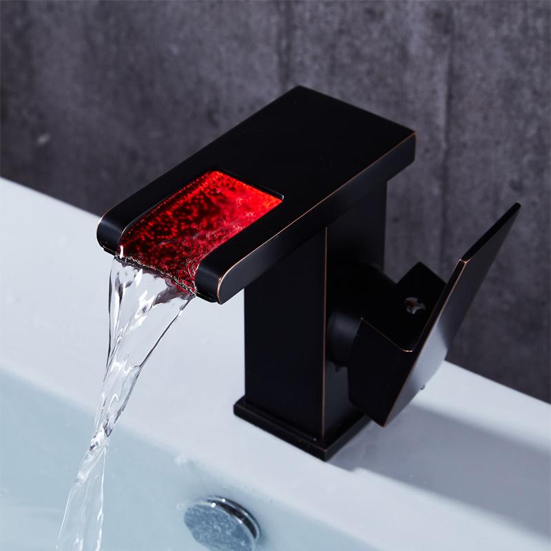 Jess Modern LED Waterfall Single Handle Brass Faucet Single Hole for Bathroom Sinks Antique Black