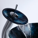 Dark Blue Tempered Glass Circular Vessel Sink Waterfall Faucet Set Pop-Up Drain Included