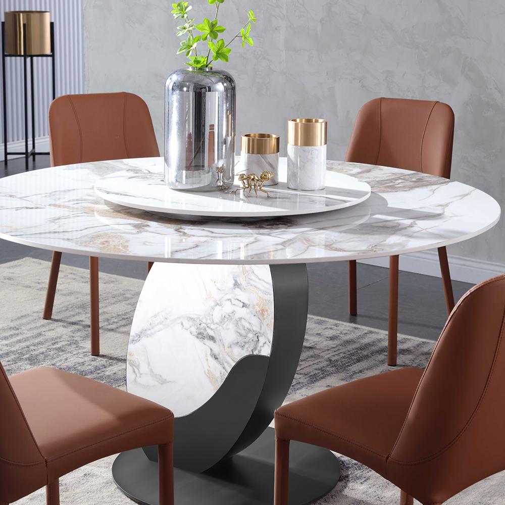 Modern 51" Round Dining Table with Lazy Susan White Faux Marble Tabletop for 6 Person