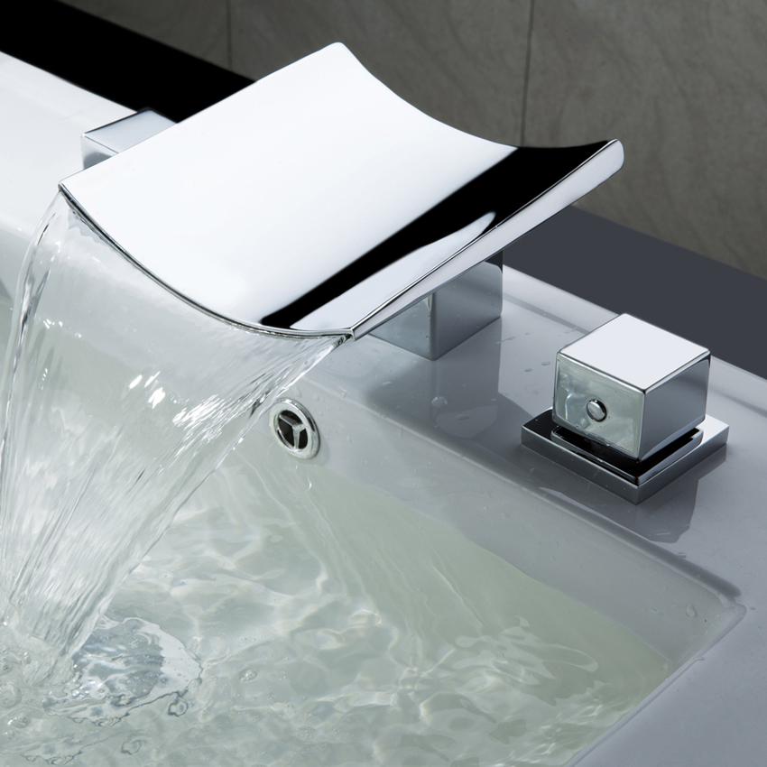 Grop Contemporary Double Handle Waterfall Widespread Bathroom Sink Faucet in Polished Chrome