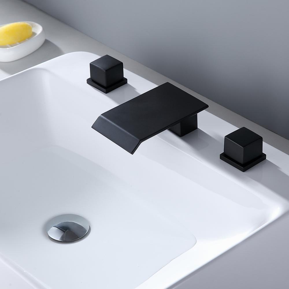 Moda Matte Black Waterfall Widespread Bathroom Sink Faucet Square Double Handle