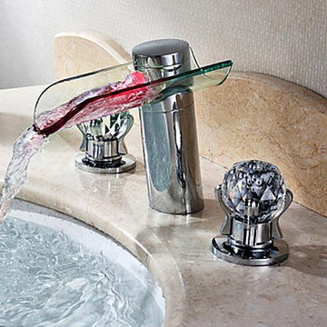 Morga LED Lighted Waterfall Bathroom Widespread Sink Faucet with Crystal Handles