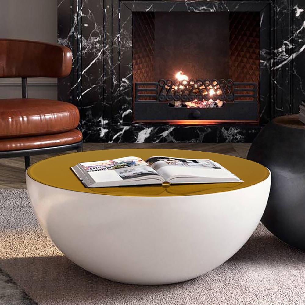 Modern Black & White Bowl-Shaped & Drum Shaped Coffe Table Set with Round Brown Top