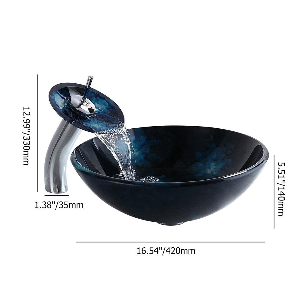 Dark Blue Tempered Glass Circular Vessel Sink Waterfall Faucet Set Pop-Up Drain Included