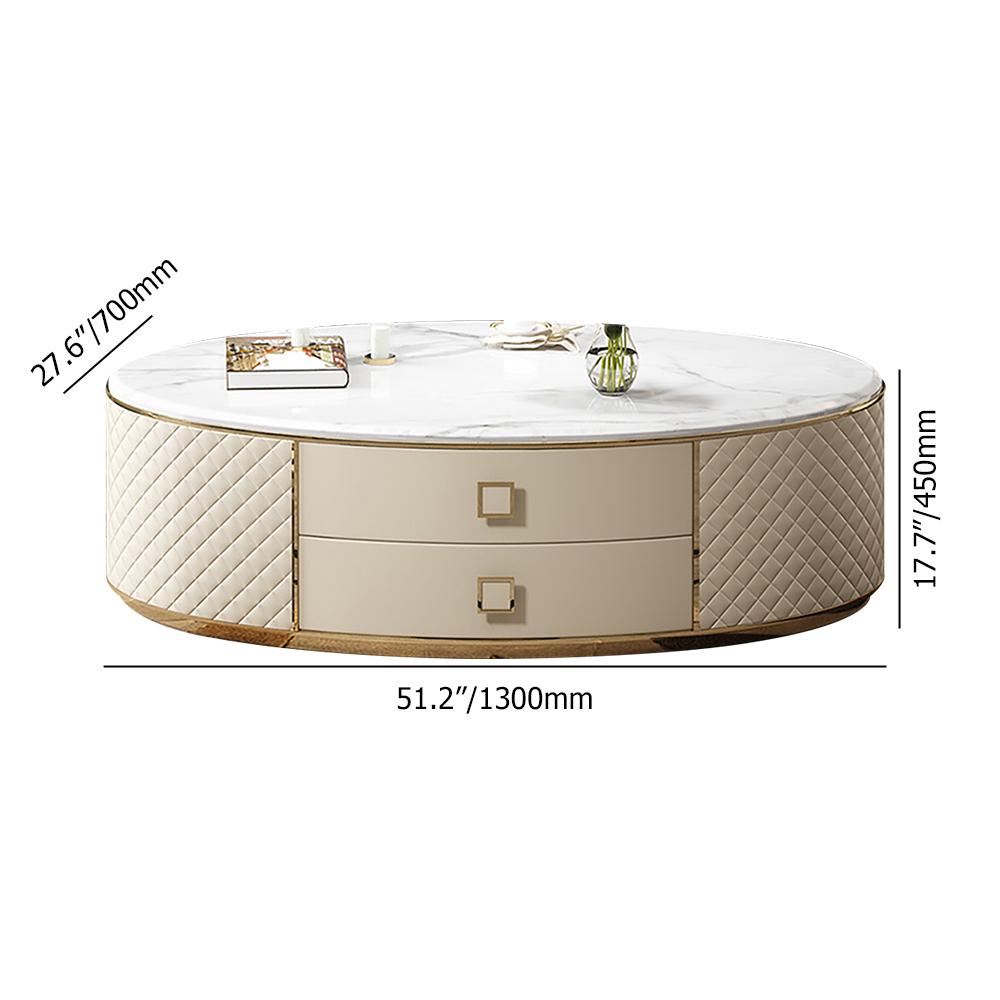 Orand Modern White Oval Marble Top Coffee Table Microfiber Leather with 2 Drawers