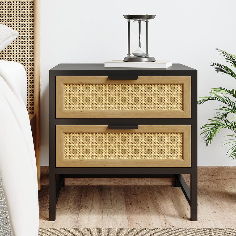 Industrial Nightstand Rattan Nightstand with 2 Drawers Storage for Bedroom