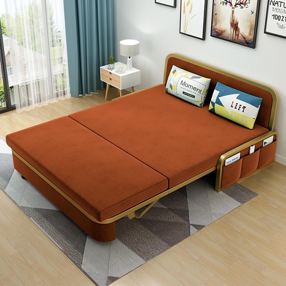 Modern Convertible Sofa Bed with Storage Velvet Upholstery in Beige & Gold
