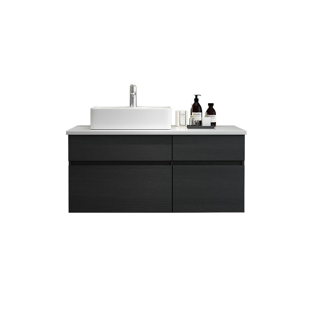 31" Black & White Floating Bathroom Vanity Marble Top Ceramic Vessel Sink