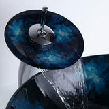 Dark Blue Tempered Glass Circular Vessel Sink Waterfall Faucet Set Pop-Up Drain Included