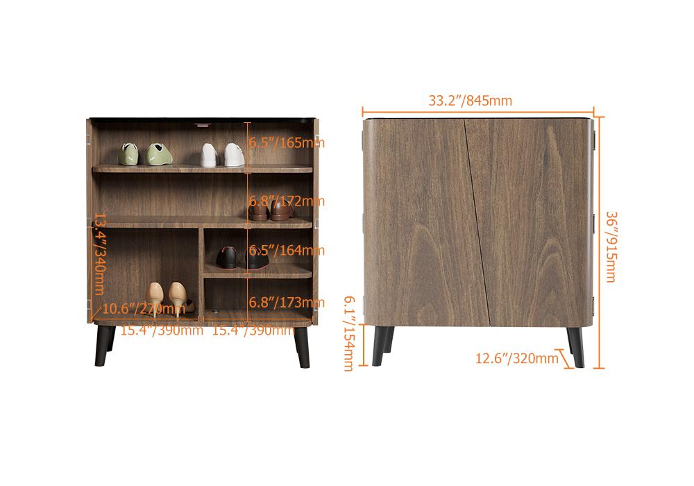 Walnut Shoe Storage Cabinet with 2-Door in Black 14 Pairs