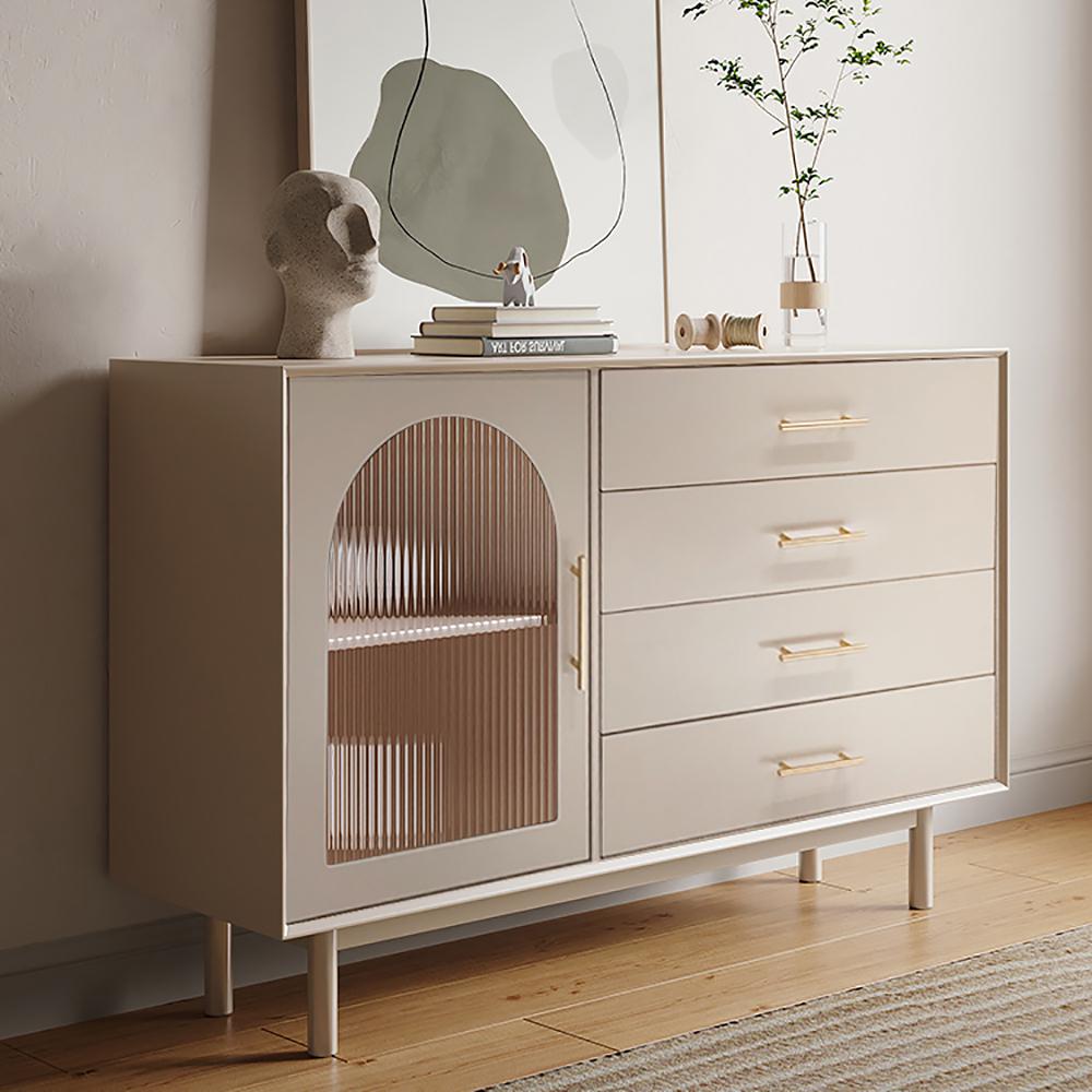 55" Beige Sideboard Buffet with Drawers & Glass Door Storage Cabinet