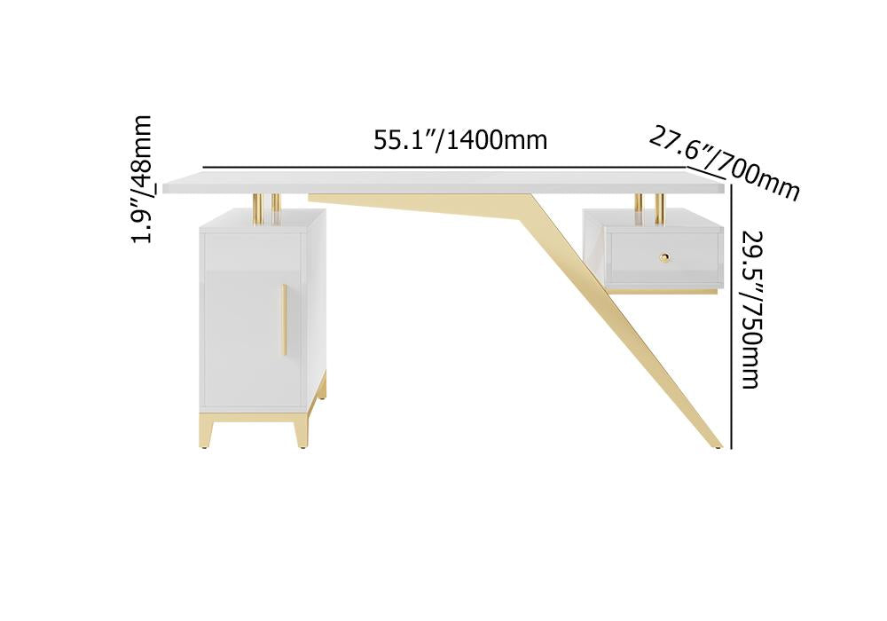 55" Ultra Modern White and Gold Computer Writing Desk with Storage & Drawer