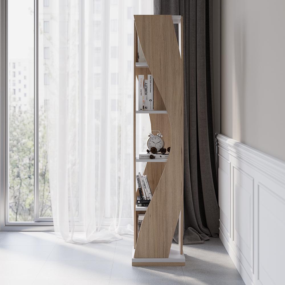 5-Tier Geometric Bookshelf Curved Shape Industrial Bookcase in Walnut & Black Rotating
