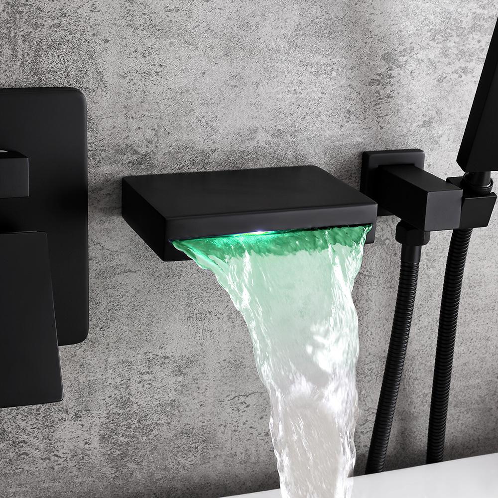 Contemporary Wall-Mount LED Waterfall Matte Black Bathtub Filler Faucet with Hand Shower