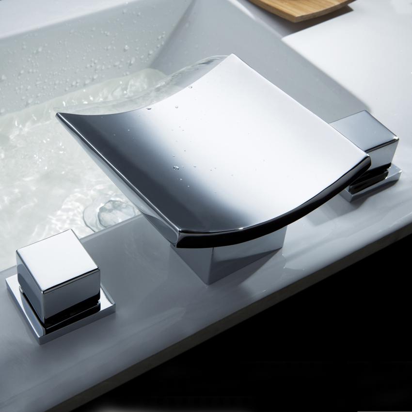 Grop Contemporary Double Handle Waterfall Widespread Bathroom Sink Faucet in Polished Chrome