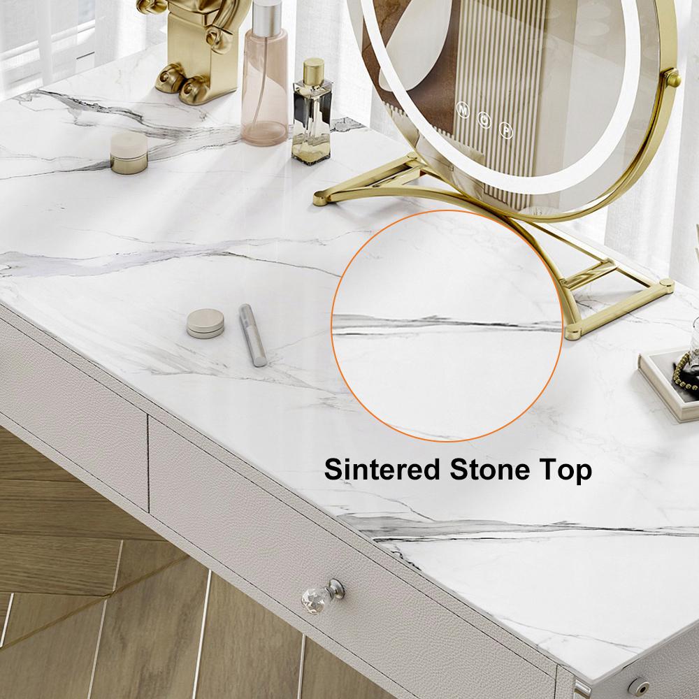 Minimalist Acrylic Floating Makeup Vanity Set with LED Lighted Standing Mirror & Stool