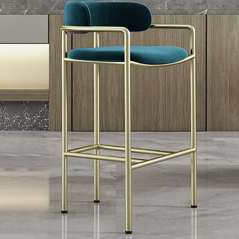 33.1" Modern Green Bar Stool Velvet Upholstered With Back Gold Legs