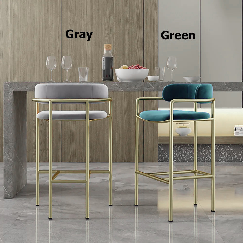 33.1" Modern Green Bar Stool Velvet Upholstered With Back Gold Legs