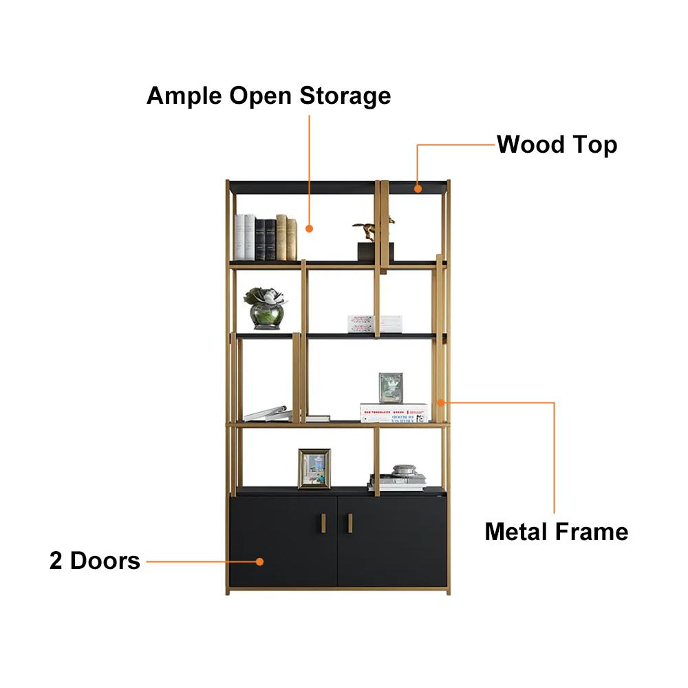 78" 5-Tier Black Bookshelf with Doors Storage Cabinet Gold Frame