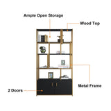 78" 5-Tier Black Bookshelf with Doors Storage Cabinet Gold Frame