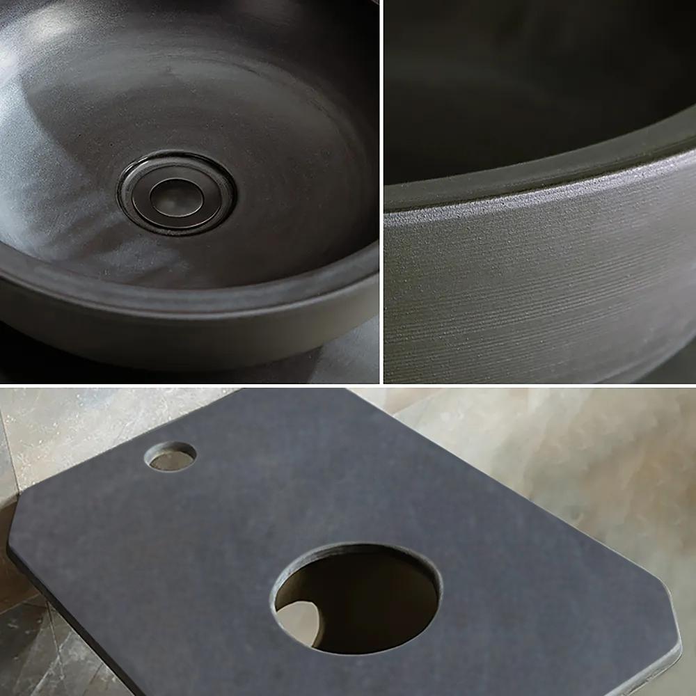 Gray Square Pedestal Sink Gaolin Round Vessel Sink without Drain & Faucet