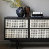63" Modern Black Cane Sideboard Buffet Cabinet with 3 Rattan Door Pine Wood