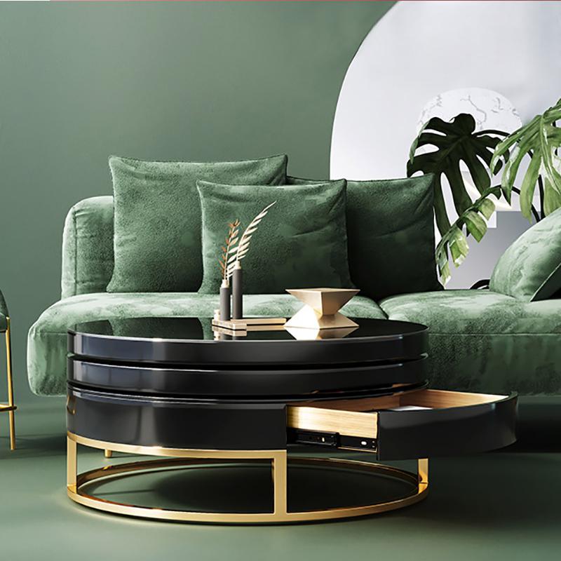 White Round Modern Wood Swivel Coffee Table with Storage Drawer in Gold