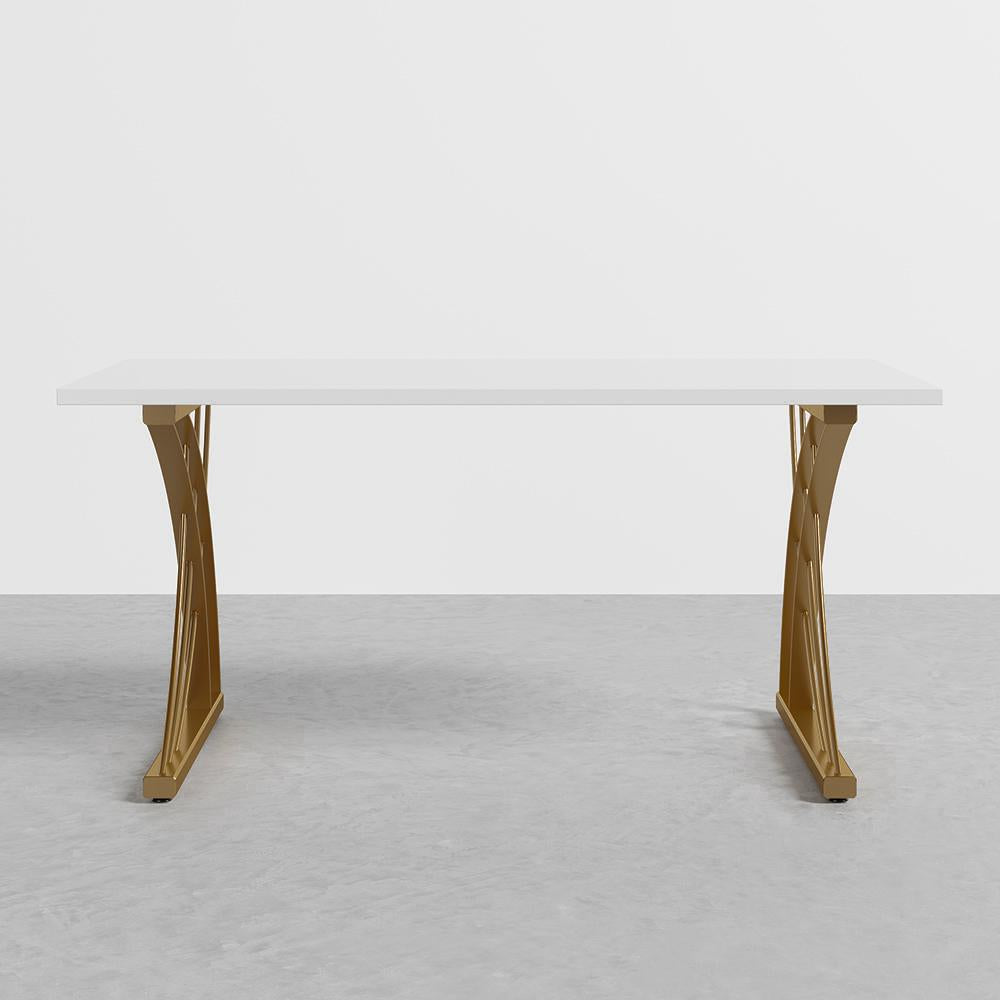 47" Modern White Rectangular Home Office Desk with Pine Wood Table Top & Gold Frame