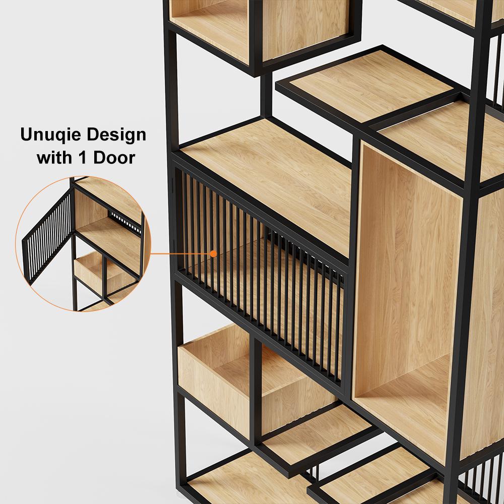 78" Modern Black Steel Geometric Bookcase 6-Tier Bookshelf Wooden Tall Book Shelf