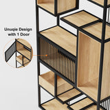 78" Modern Black Steel Geometric Bookcase 6-Tier Bookshelf Wooden Tall Book Shelf