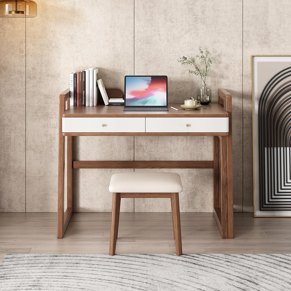 Modern I Shaped Desk Retracted & Extendable Corner Walnut Desk with Storage & 2 Drawers